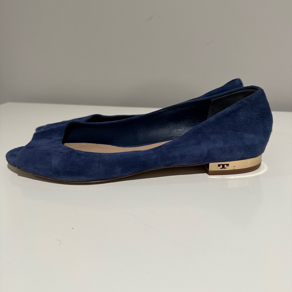 Tory Burch Blue Peep-Toe Flats with Gold Accent